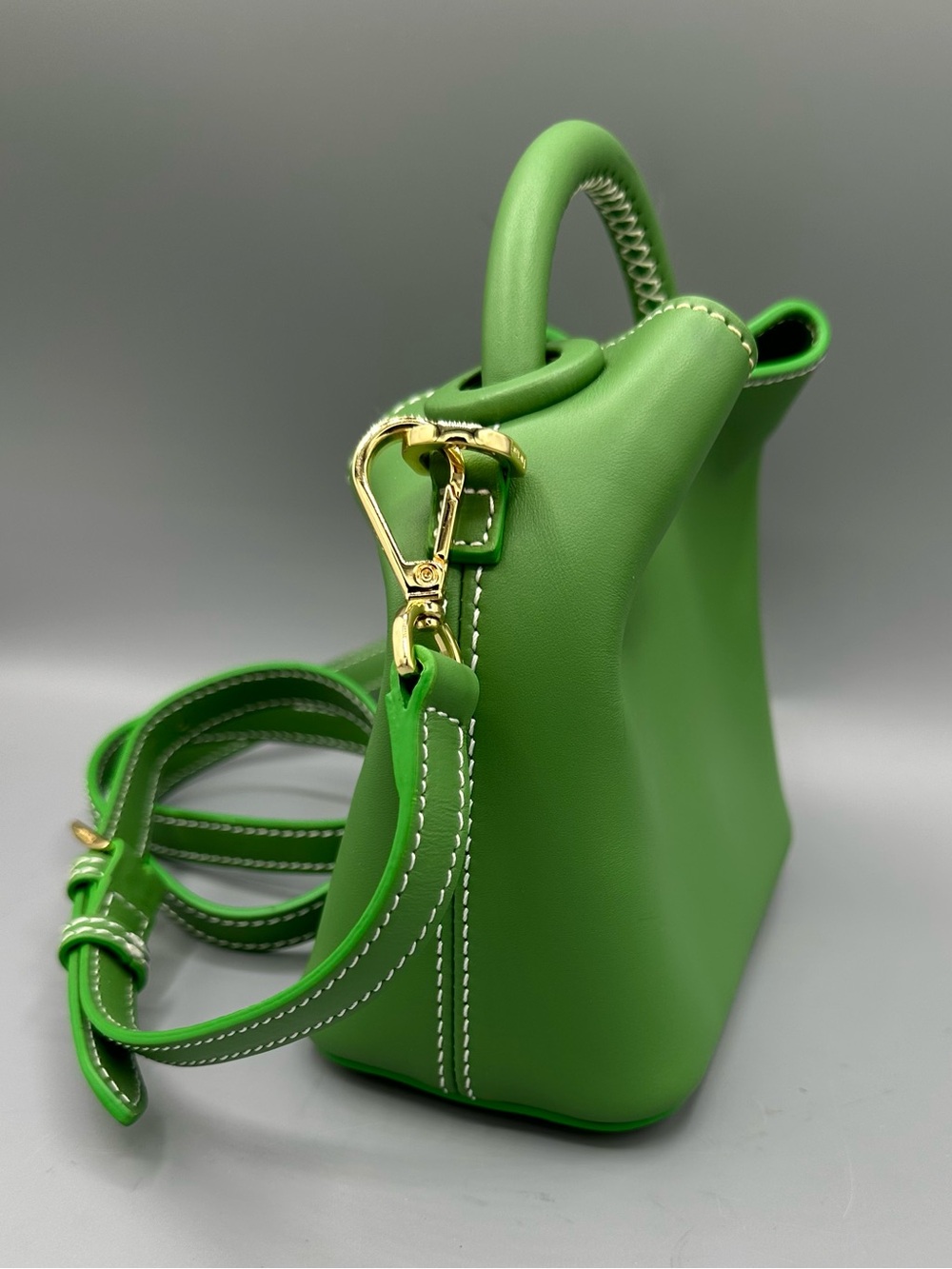 Elleme Madeleine Kelly Green Leather Mini | Contrast Stitch Top Handle Crossbody